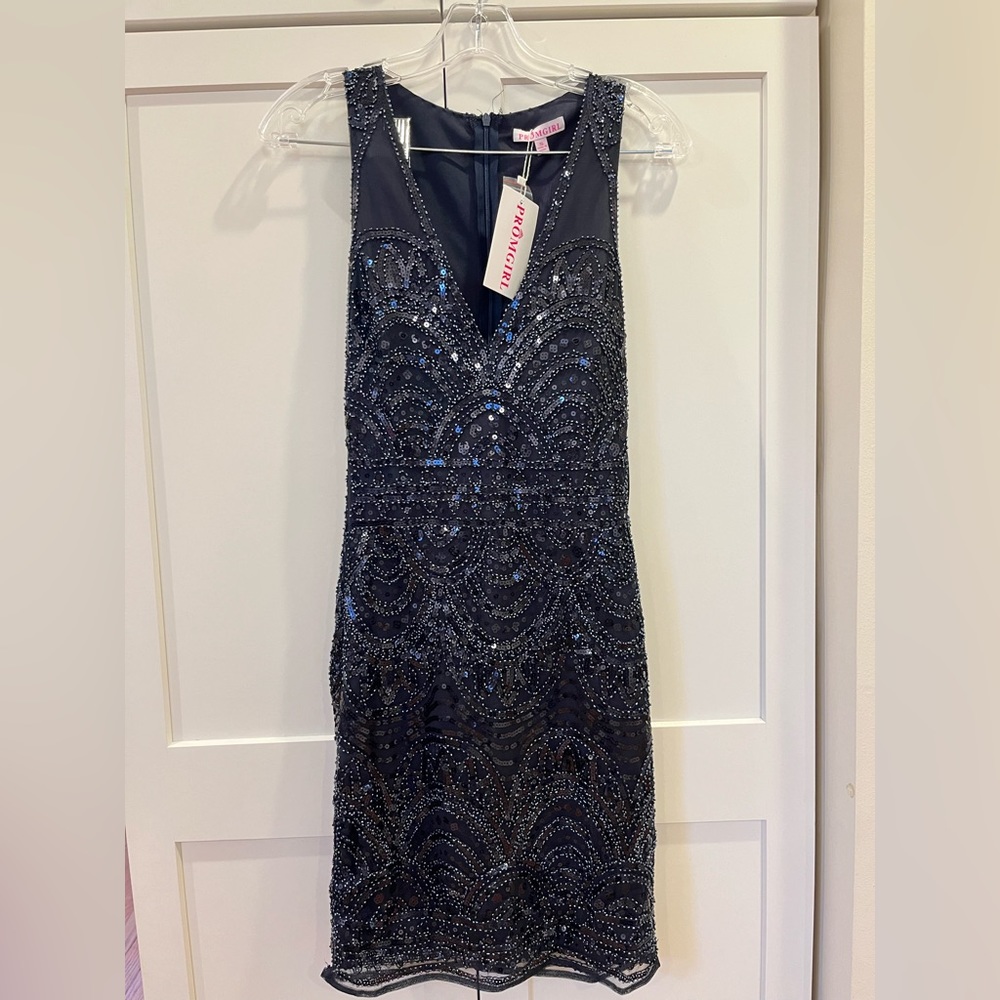 NWT PromGirl Navy Blue Sequin Short Prom Dress